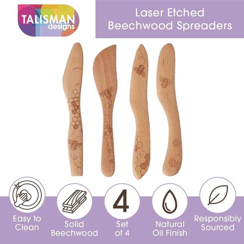 Talisman Designs Laser Etched Beechwood Spreaders | Set of 4 Honey Bee Design | Cutting, & Spreading Cheese | Cute & Functional - Image 4